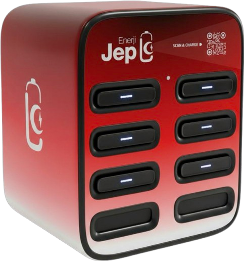 JepEnerji power bank istasyonu: sekiz yuvalı istasyon, QR kod ve Scan & Charge alanı